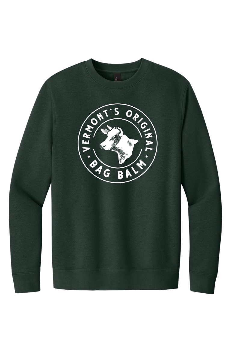A crewneck sweatshirt with a cow + crest design.