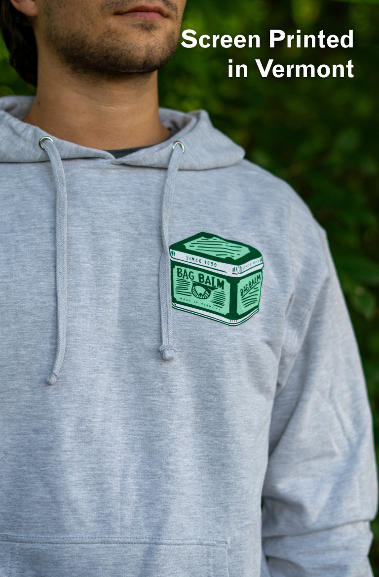 Gray hoodie with a vintage tin design