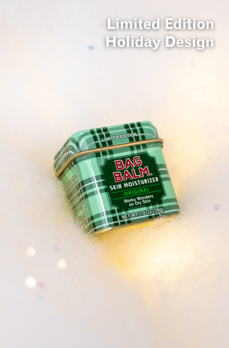 Green plaid bag balm container with text on a light background