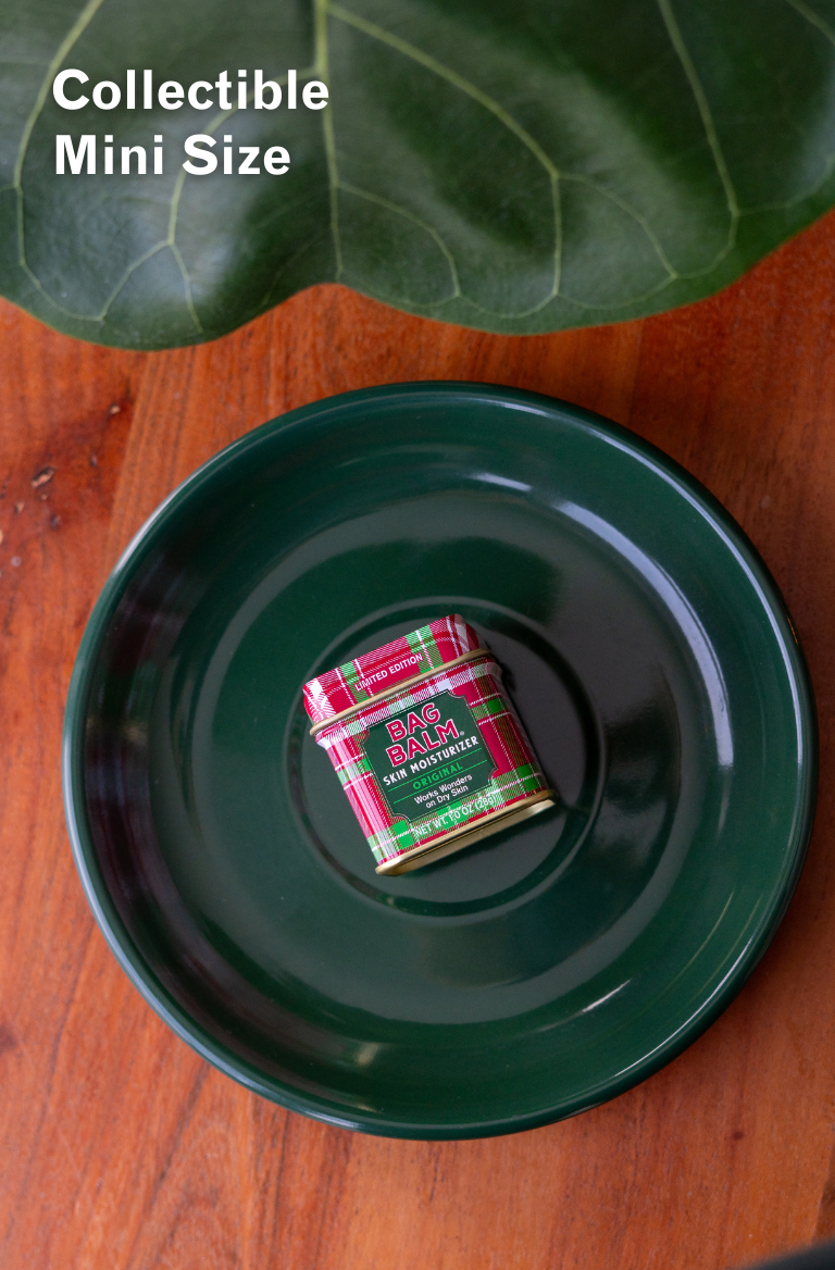 plaid bag balm mini tin on a green dish