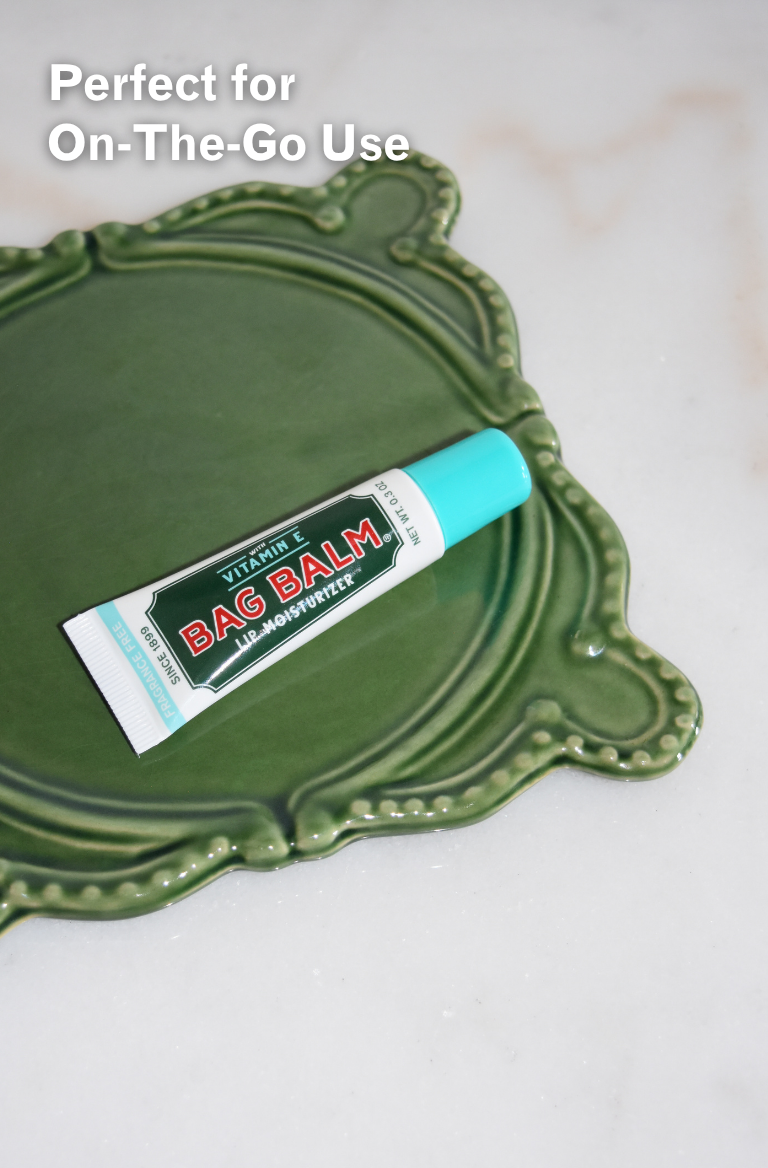 Bag Balm tube on a green tray with text 'Perfect for On-The-Go Use' on a white background