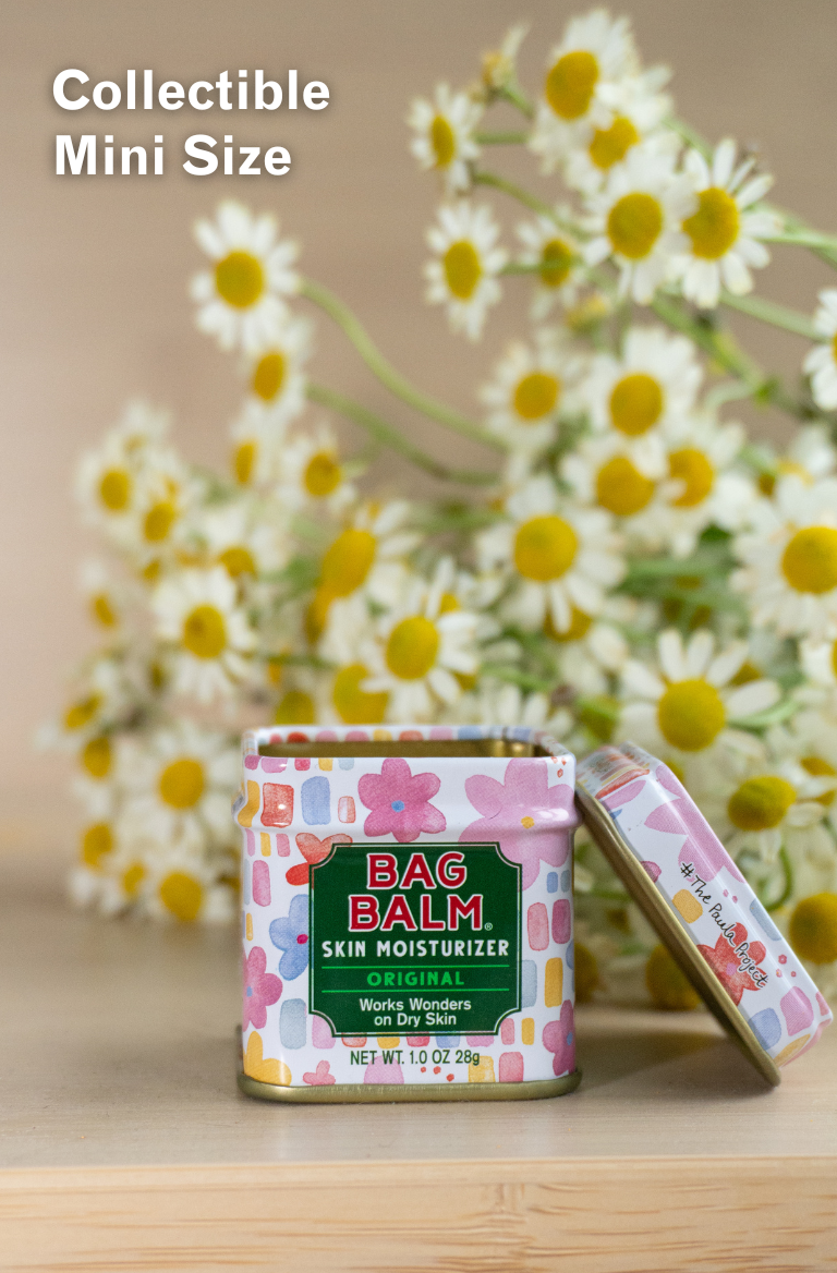 Collectible mini size Paula Moltzan X Skida Print Bag Balm 1oz Tin with floral design against a background of daisies.