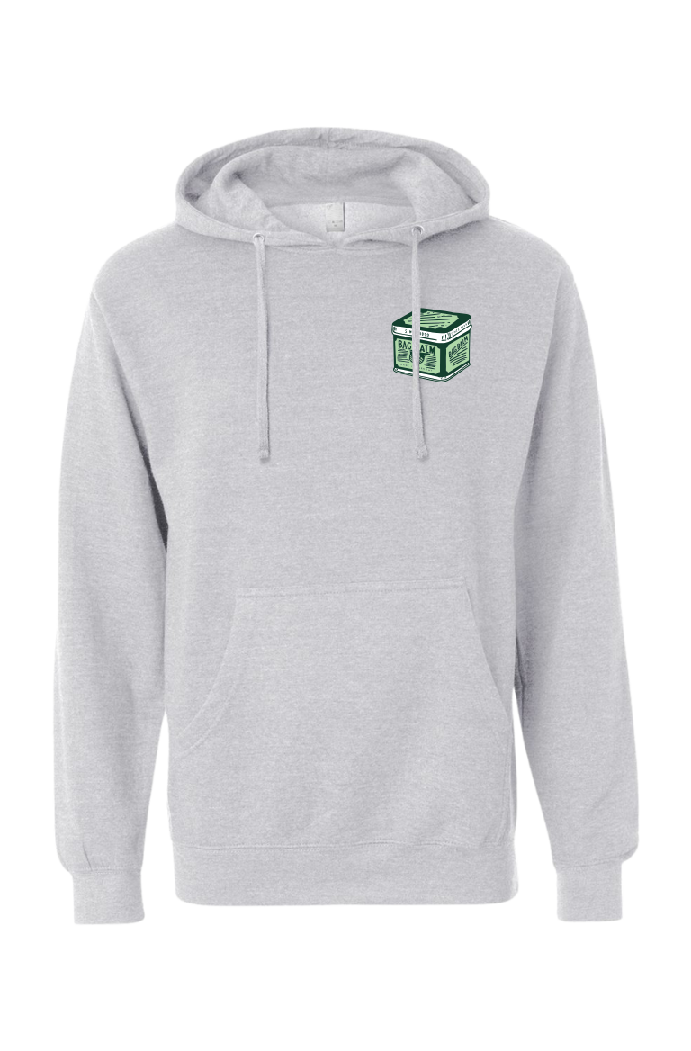 Gray hoodie with a vintage tin design