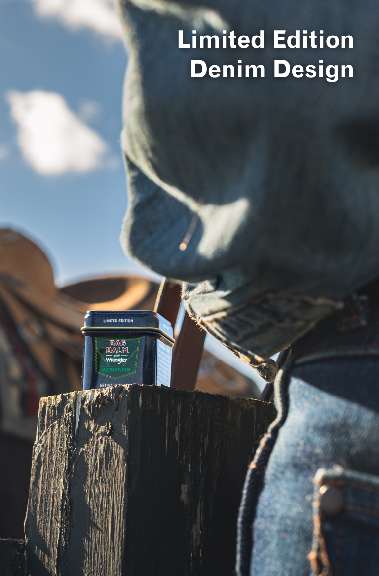 Limited Edition Denim Design Bag Balm 1oz tin in collaboration with Wrangler on fence post