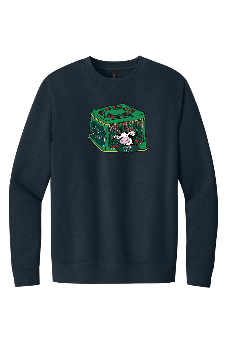 A crewneck sweatshirt with a cow + tin design