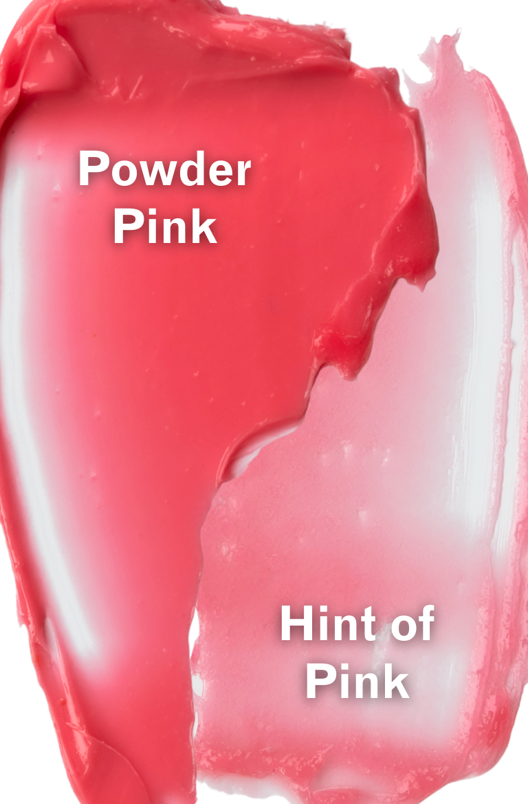 Close-up of pink makeup swatches labeled 'Powder Pink' and 'Hint of Pink' on a white background.
