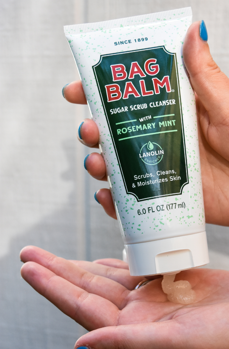 bag balm rosemary mint scrub on hand