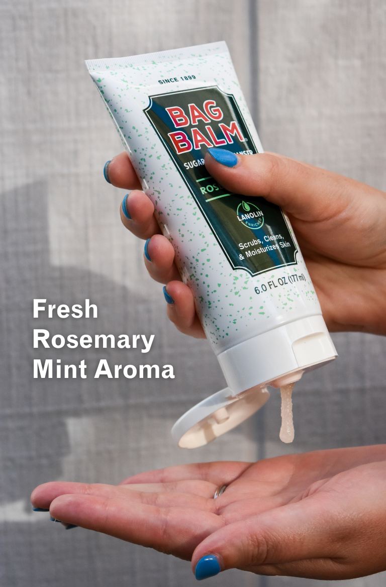 bag balm rosemary mint scrub on hand