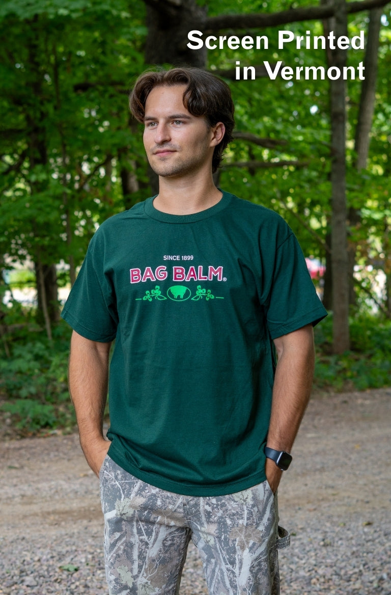 Man wearing Bag Balm Udder graphic T-shirt