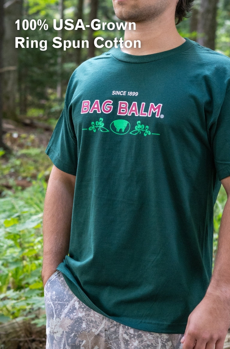 Man wearing Bag Balm Udder graphic T-shirt